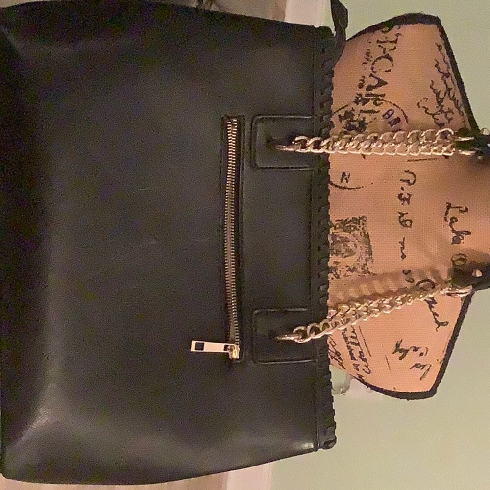 Boutique tote, black with gold accent. Measures 14 x 11 x 5